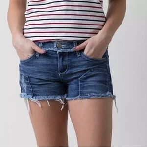 Gilded Intent Buckle Frayed Stretch Distressed Boho Festival Denim Jean Shorts